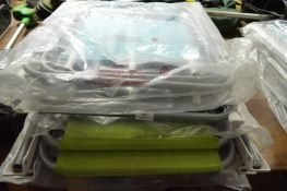 *Two Blue Tubular Folding Chairs and Three Green Tubular Folding Chairs