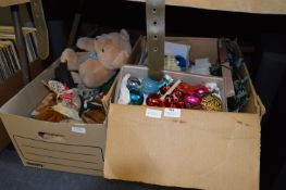 Two Boxes Containing Christmas Decorations and Soft Toys