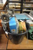Bucket Containing Luggage Trolley, Jump Leads, 50m Tape Measure, etc.