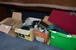 Four Boxes Containing Teaware, Mugs, Filebox, Cutlery, etc.