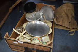 Box Containing Two Vintage Enameled Scales, Mixing Bowl and a Large Glass Jar