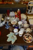 Table Lot of Pottery, Commemorative Mugs, Decorative Teapots, Tureens, Vase, etc.