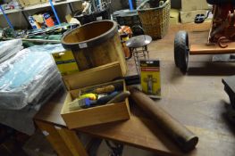 Wood Bucket Containing Bird Feeders, Shelf Brackets, Oriental Rolling Pin, etc.