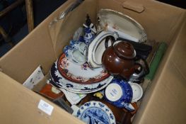 Box of Assorted Pottery, Babycham Tea Towels, Wedgwood Teapot, Books, etc.