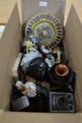 Box Containing Ornaments, Figurines, Camera, Clock, etc.