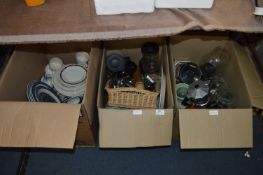 Three Boxes of Dinnerware, Cutlery, Glassware, Vases, Teapot, etc.