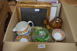 Box Containing Picture Frames, Silver Plated Cake Forks and Assorted Pottery