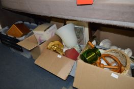 Four Boxes Containing Jug, Bowl, Vase, Prints, Glassware, Ornaments, Wall Bracket, Wicker Baskets,