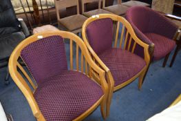 Pair of Beech Framed Purple Upholstered Tub Chairs and Another