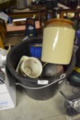 Bucket Containing Assorted Stoneware, Planters, etc.