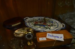 Small Brass Clock, Bone Trinket Box, Serving Dish, Dominoes, etc.