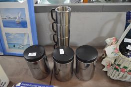 Stainless Steel Brabantia Tea, Coffee and Sugar Containers and Coffee Mugs