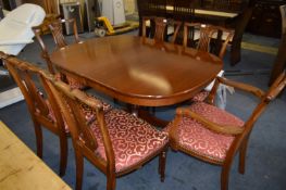 Mahogany Drawer Leaf Dining Table on Single Pedestal Base with Four Dining Chairs and Two Carvers