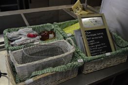 Four Wicker Baskets, Silver Framed Noticeboard, Two Bottles of Wine, etc.
