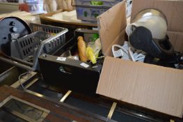 Three Boxes Containing Four Gang Extension Leads, Chefs Knives, Rolling Pin, Temperature Probes,