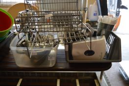 Two Boxes of Assorted Stainless Steel Kitchen Trays and Draining Racks