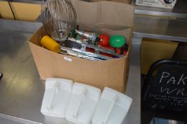 *Box of Assorted Unbreakable Glasses, Balloon Whisk, Optics, Food Scoops, etc.