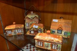Five Cottage Ware Pottery Items; Cheese Dishes and Biscuit Barrels