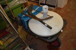 Wheelbarrow and Contents; Lawn Spreader, Garden Umbrella Base, Handtools, etc.