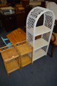 White Painted Cane Three Tier Shelf Unit and Two Cane Side Tables