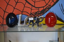 Two Coloured Glass Egg Ornaments, etc.