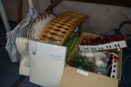 Two Boxes Containing Drinking Glassware, Mugs, Towel Set, Back Massager, Meat Plates, etc.