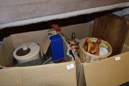 Two Boxes Containing Kitchenware, Waste Basket, Table Lamp, Tray, Barometer, etc.