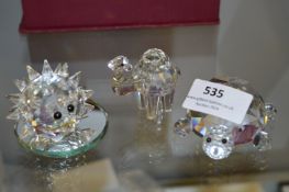 Three Crystal Glass Ornaments Including One Swarovski Hedgehog