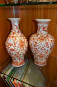Pair of Red Floral Patterned Chinese Vases