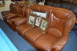 Brown Leather Three Piece Suite; Three Seater and Two Armchairs