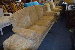Floral Patterned Upholstered Three Piece Suite; Three Seater, Two Armchairs and Pouffe