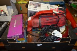 Box Containing Dirt Devil Vacuum, Wall Clock, Steam Iron and Pottery