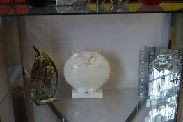 White Pottery Owl and Two Mirrored Glass Candle Stands