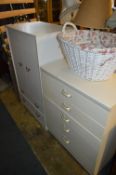 White Melamine Tall Boy and a Melamine Five Height Chest of Drawers