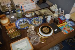 Table Lot; Decorative Wall Plates, Print, Decanter, Ornaments, etc.