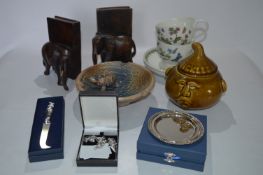 Tray Lot; Elephant Book Ends, Portmeirion Pickle Jar, Wade Ashtray and Cheese Mice