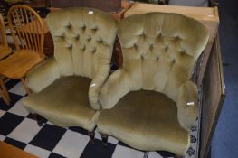 Pair of Green Velour Upholstered Button Back Armchairs