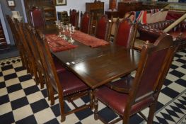 Oak Refectory Draw Leaf Dining Table with Eight Oak and Red Leather Upholstered Chairs