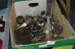 Box Containing Silver Plated Cutlery, Brassware Including WWI Shell and Weights