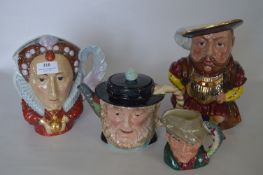Character Jugs; Queen Elizabeth I, Henry VIII, Beswick Peggotty and Royal Doulton 