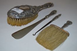 Embossed Silver Backed Clothes Brush with Silver Handle, Shoe Horn and Button Hook