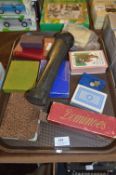 Tray Lot; Playing Cards, Dominoes and a Torch