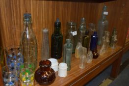 Collection of Green Glass Bottles Including a Blue Poison Bottle etc.