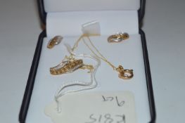 9cT Gold Necklace Chain with Pendant and Earrings Set with Stones