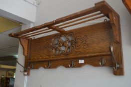 Oak Wall Mounted Hat and Coat Shelf with Carved Horse Decoration
