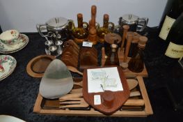 Teak Tableware; Toast Racks, Serving Dishes, Condiments and Old Hall Stainless Steel Teapot &
