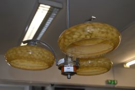 Art Deco Three Branch Ceiling Light Chrome with Amber Glass Shades