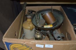 Box of Brassware Including Blowlamps, Jardinier, Ornaments, Crumb Tray, etc.