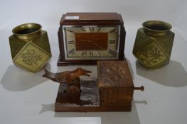 Pair of Chinese Brass Vase, Novelty Cigarette Box and a Mantel Clock