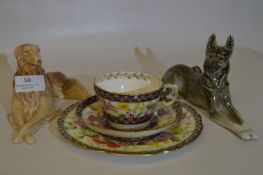Floral Decorated Tea Trio, Sylvac Dog and a Russian Pottery Dog
